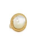 18K Gold South Sea Pearl Ring w/Yellow Diamonds, Size 6.5