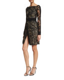 Long-Sleeve Lace Dress W/Piping, Noir