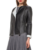 Leather Biker Jacket w/Contrast Stitching, Black/Moonstone