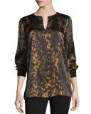 Kelsey Leopard-Print Split-Neck Blouse, Black/Multi