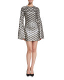 Hexagon-Jacquard Bell-Sleeve Dress, Metallic Gray