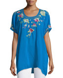 Blooming Bouquet Short-Sleeve Embroidered Blouse, Plus Size