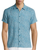 Batik-Print Short-Sleeve Linen Shirt, Teal