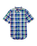 Short-Sleeve Madras Plaid Shirt, Blue/Green, Size 2T-4T