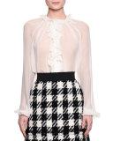 Long-Sleeve Ruffle-Front Blouse, White