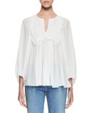 Embroidered Seersucker Split-Neck Blouse, Milk