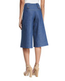Button-Tab Denim Culotte Pants, Light Indigo