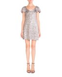 Sequined V-Neck Ruffled-Sleeve Dress, Silver