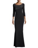 Lasa 3/4-Sleeve Embellished Jersey Gown, Nero