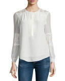 Sarah Silk Lace-Panel Top, Chalk