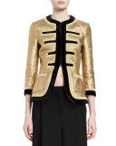 3/4-Sleeve Metallic Military Jacket, Gold/Black
