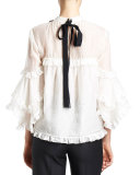 Ruffled Crystal 3/4-Sleeve Blouse, White