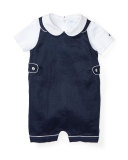 Buttoned Ramie Overalls w/ Pima Playsuit, Blue, Size 6-24 Months