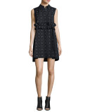 Poplin Swallow-Print Ruffle Shirtdress, Black