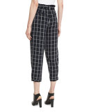 Fritz Cropped Paperbag-Waist Check Pants, Royal
