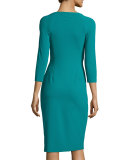 3/4-Sleeve Ruched Cocktail Dress, Verde Veronese