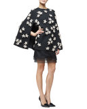3D Floral-Embellished Cape, Black