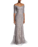 Off-the-Shoulder Embroidered Tulle Gown, Pink/Gray