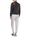 Monili-Striped Leather Bomber Jacket, Navy