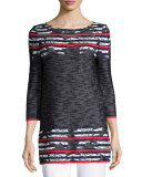 Anguilla Floral-Jacquard 3/4-Sleeve Tunic, Caviar/Multi