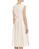 Cap-Sleeve Embroidered Linen Dress, Mist/Black