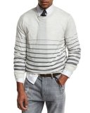 Striped Fine-Gauge Crewneck Sweater, Gray