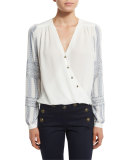 Long-Sleeve Silk Boho Surplice Blouse, Off White