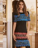 Metallic Jacquard Short-Sleeve Dress, Caviar/Multi