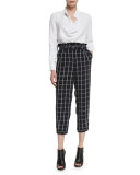 Fritz Cropped Paperbag-Waist Check Pants, Royal