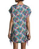 Bermuda Feather-Print Silk Caftan Coverup, Rosa/Verde