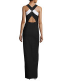 Mila Sleeve Stretch Crepe Racerback Gown, Black/White