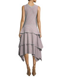 Sleeveless Tiered Striped Jersey Dress, Gray