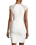 Mesh-Inset Cap-Sleeve Bandage Dress, White