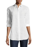 Sabira Long-Sleeve Windowpane Blouse w/ Chain Detail, Multi