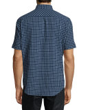 Windowpane Short-Sleeve Woven Sport Shirt, Navy