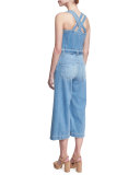 Button-Front Sleeveless Cropped Denim Jumpsuit, Indigo