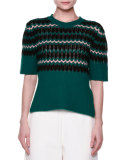 Short-Sleeve Wave-Knit Sweater, Jade