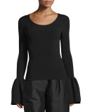 Willow Ribbed Bell-Sleeve Top, Black