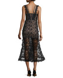 Lorelle Sleeveless Embroidered Lace Midi Dress, Black