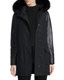 Leather-Trim Arctic Parka Coat w/ Fox Fur, New Black