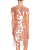 Large-Sequin Short-Sleeve Cocktail Dress, Skin