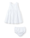 Sleeveless Cotton Pique Dress w/ Bloomers, White, Size 9-24 Months