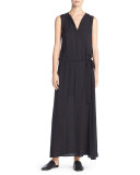 Silk Belted Drop-Waist Maxi Dress, Black