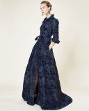 Floral-Embellished Trenchcoat Gown, Navy Slate