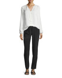 Josette Long-Sleeve Lace-Trim Silk Blouse