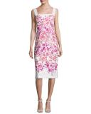 Sleeveless Floral Belted Sheath Dress, White/Pink