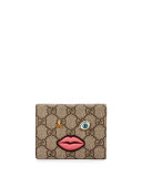 Embroidered Face Card Case, Beige/Pink/Multi