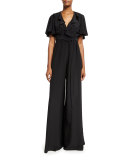V-Neck Ruffled Silk Jumpsuit, Black