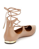 Christy Lace-Up Pointed-Toe Flat, Biscotto
