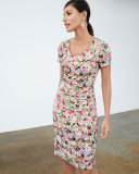 Short-Sleeve Floral-Print Ruched Jersey Dress